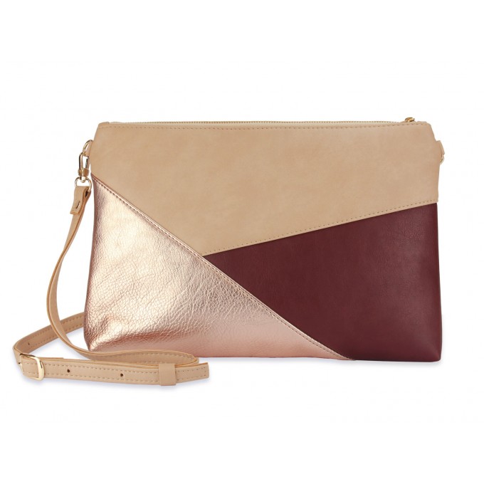 lille mus vegane Geo-Umhängetasche GESINA - Beige/Roségold/Bordeaux aus Kunstleder mit Umhängeriemen