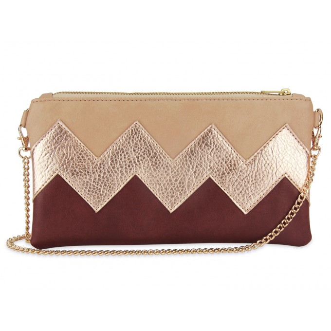 lille mus vegane Zick-Zack-Clutch ZILIA - Beige/Roségold/Bordeaux aus Kunstleder mit Umhängekette
