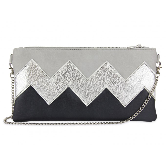 lille mus vegane Zick-Zack-Clutch ZILIA - Grau/Silber/Schwarz aus Kunstleder mit Umhängekette
