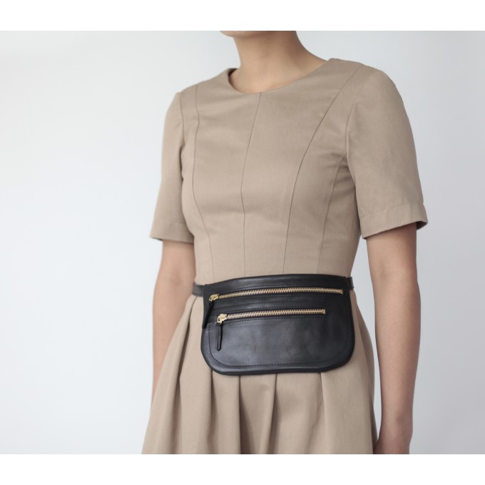 alexbender Flache Gürteltasche Doppelzip Echt-Leder Schwarz / Gold