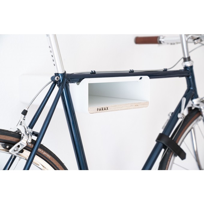 Design Fahrrad-Wandhalterung | PARAX® S-RACK | Weiß mit Holz Weiß | für Rennrad, Hardtail & Cityrad 