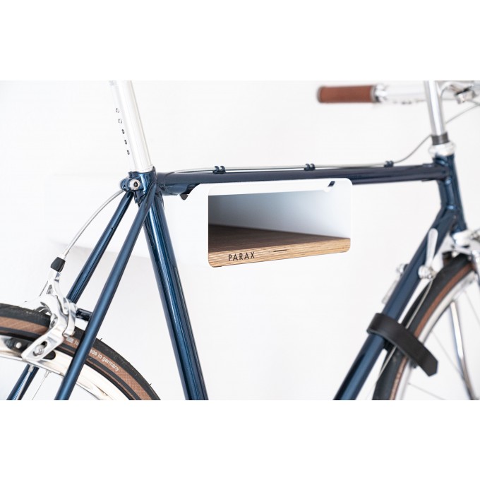 Design Fahrrad-Wandhalterung | PARAX® S-RACK | Weiß mit Walnuss Holz | für Rennrad Hardtail & Cityrad