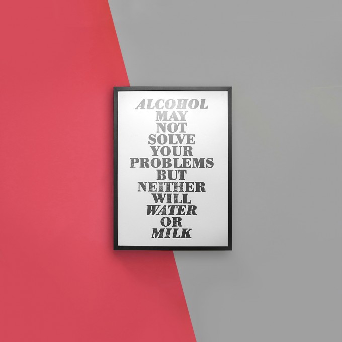 The True Type Linoldruck »Alcohol may not solve your problems …«, gerahmt