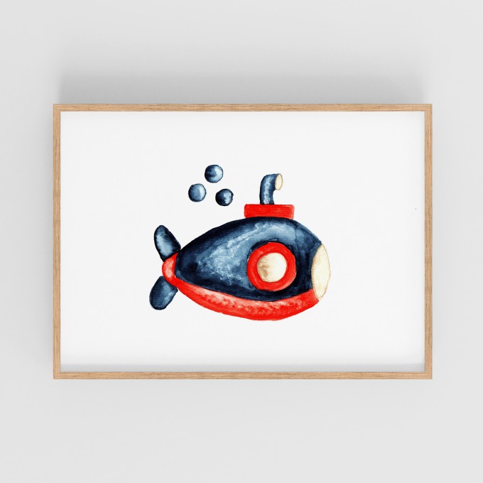 hasenkinder - Aquarell Poster/ Kinderzimmer "blaues Uboot" 18x24cm 
