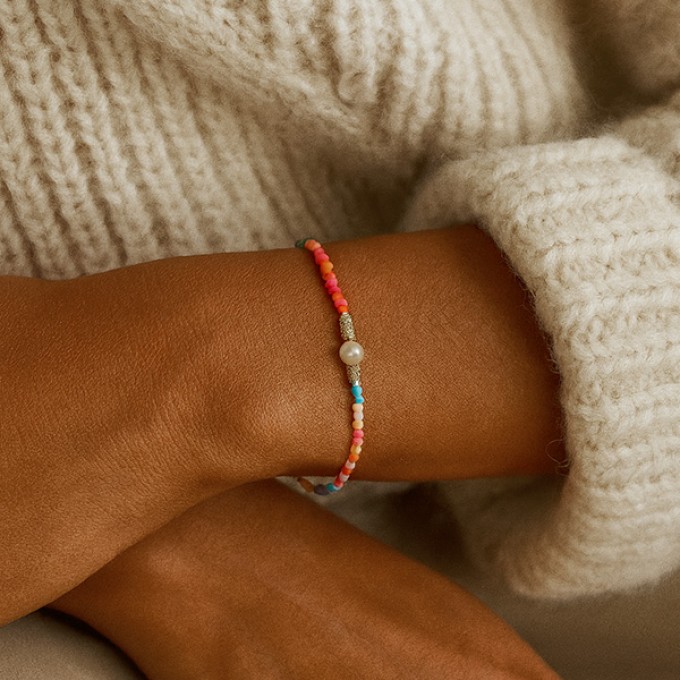Anoa Buntes Perlenarmband Sterling Silber 14K