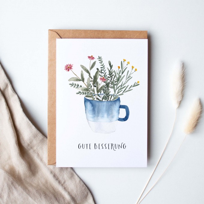 Paperlandscape | Faltkarte | "Gute Besserung" Tasse mit Blumen Blau