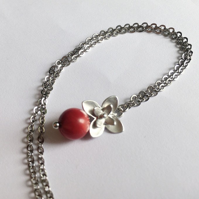 nahili KETTE rote Korallen ***Weißgoldblüten*** Weißgold silbern