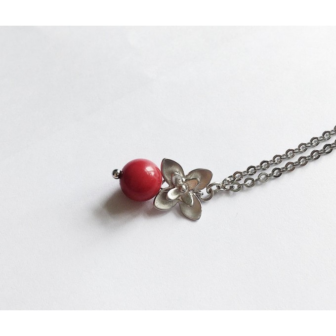 nahili KETTE rote Korallen ***Weißgoldblüten** Weißgold silbern
