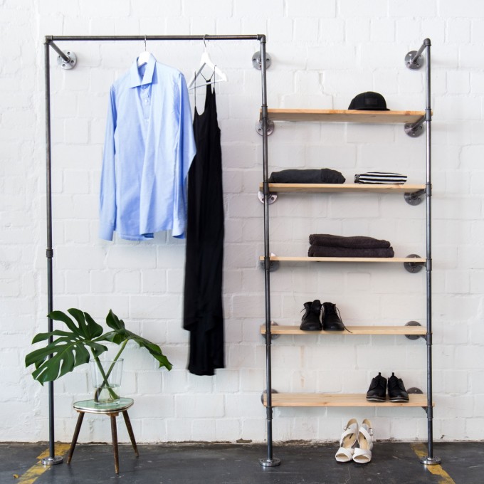 various Offener Kleiderschrank im Industriedesign in Wunschgröße - Ankleidesystem mit Kleiderstange + Regal aus Wasserrohr