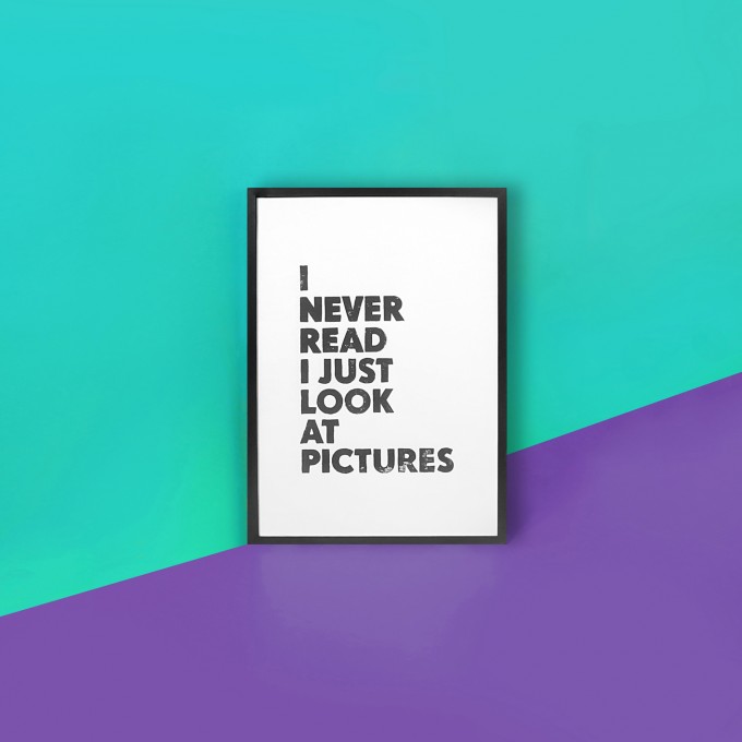 The True Type Linoldruck »I never read, I just look at pictures« Typografie Print, Andy Warhol Zitat  A4