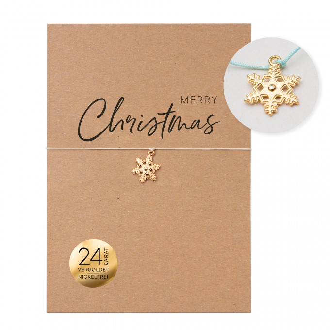 Bow & Hummingbird Schneeflocken Armband 24K vergoldet „Merry Christmas“ – Weihnachtsarmband in Mint oder Creme, kleines Weihnachtsgeschenk