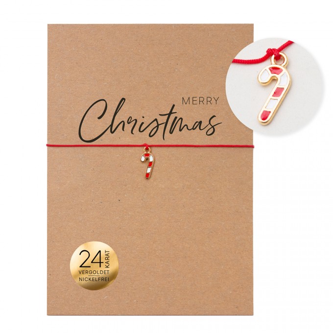 Bow & Hummingbird Weihnachtsarmband Zuckerstange 24K vergoldet „Merry Christmas“ – rotes Makramee Armband, kleines Weihnachtsgeschenk