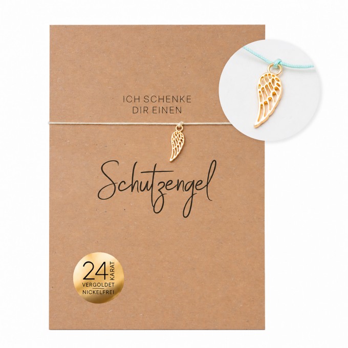 Bow & Hummingbird Schutzengel Armband „Ich schenke dir einen Schutzengel“ – Glücksbringer mit Engelsflügel, 24 Karat vergoldet