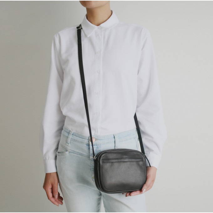 alexbender Kleine Schultertasche "Zip" echt Leder Schwarz / Gold