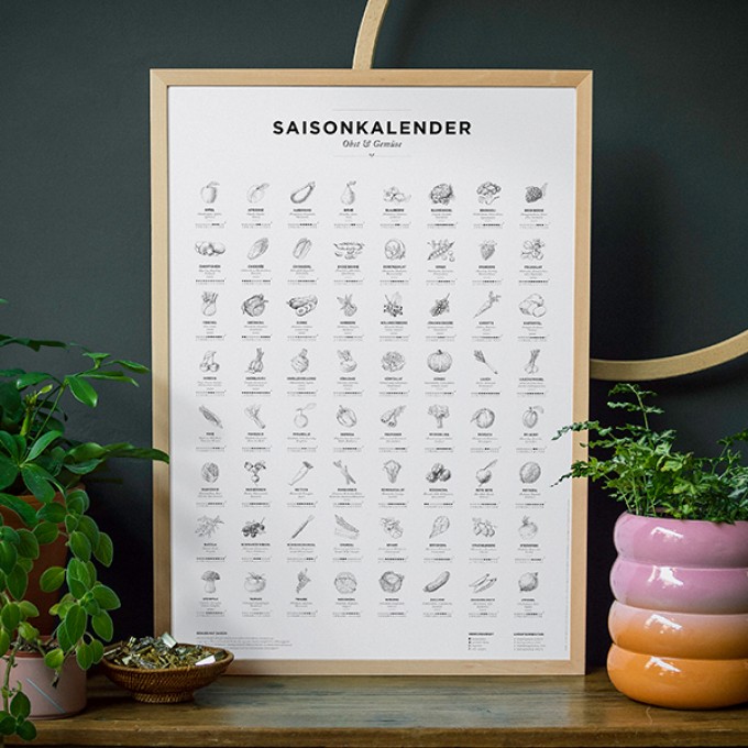 Saisonkalender Obst & Gemüse im Garten – Poster / Plakat in SW (ohne Rahmen)