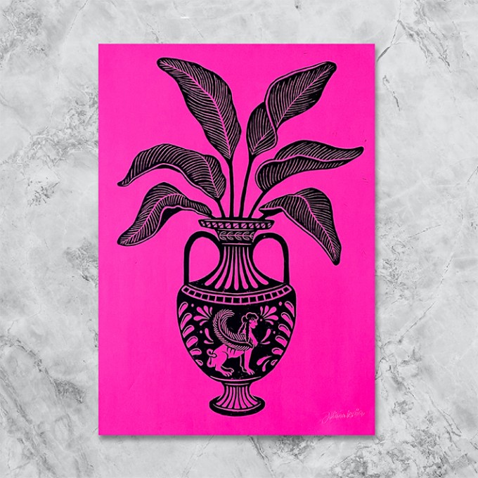 Juliana Fischer - Amphore Sphinx - Linoldruck, neonpink, DIN A3