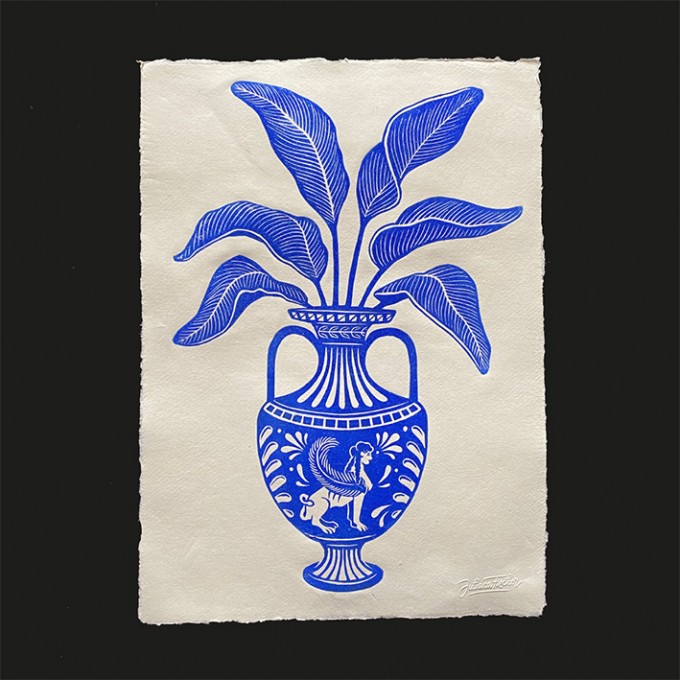 Juliana Fischer - Amphore Sphinx - Linoldruck, blau, DIN A3